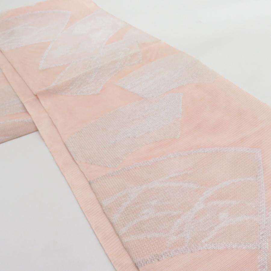 袋帯 夏用 扇面柄 桃色 銀糸 六通柄 正絹 芯なし仕立て なし 着物帯 長さ432cm |  | 01