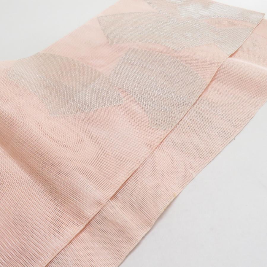 袋帯 夏用 扇面柄 桃色 銀糸 六通柄 正絹 芯なし仕立て なし 着物帯 長さ432cm |  | 04