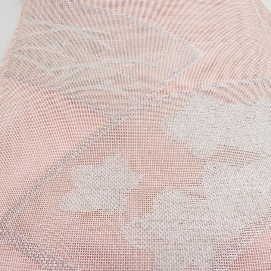 袋帯 夏用 扇面柄 桃色 銀糸 六通柄 正絹 芯なし仕立て なし 着物帯 長さ432cm |  | 05