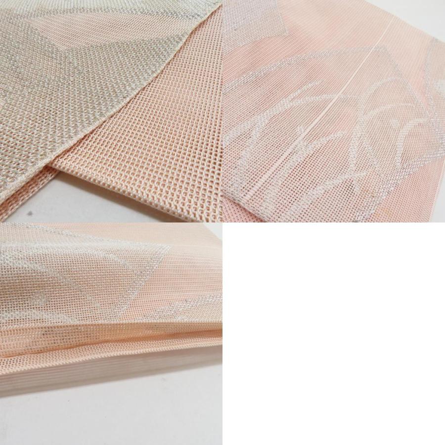 袋帯 夏用 扇面柄 桃色 銀糸 六通柄 正絹 芯なし仕立て なし 着物帯 長さ432cm |  | 09