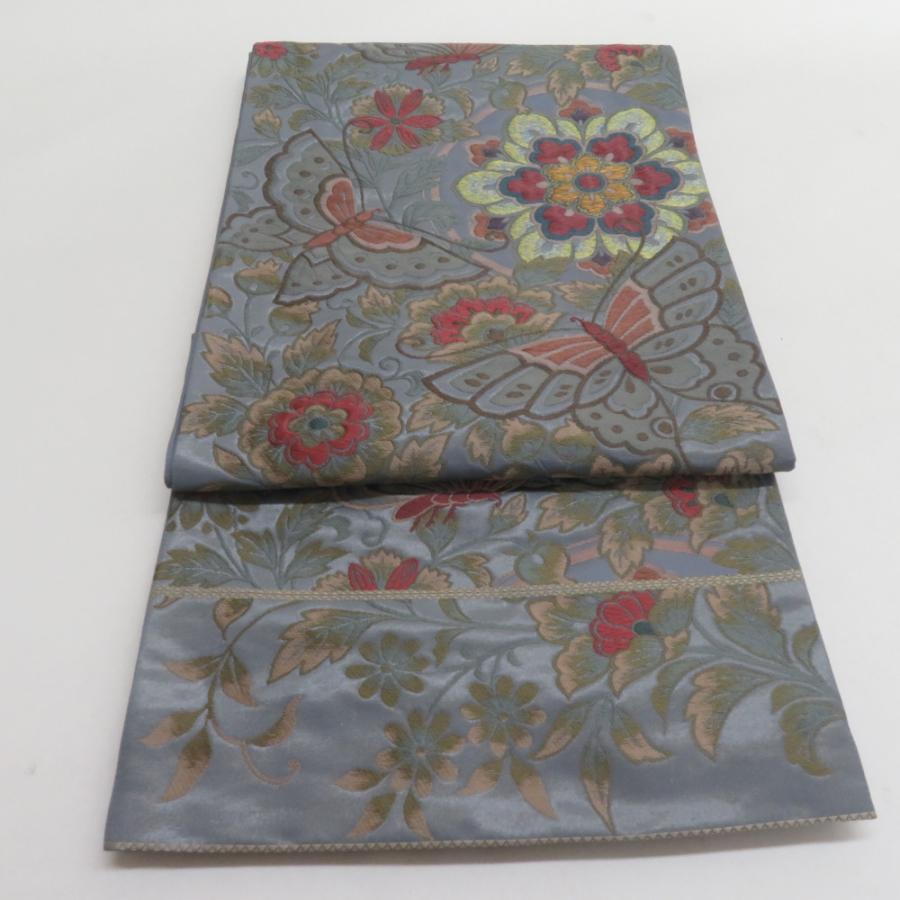 袋帯 花蝶文様 青灰色 六通柄 正絹 礼装 フォーマル 着物帯 長さ432cm | 