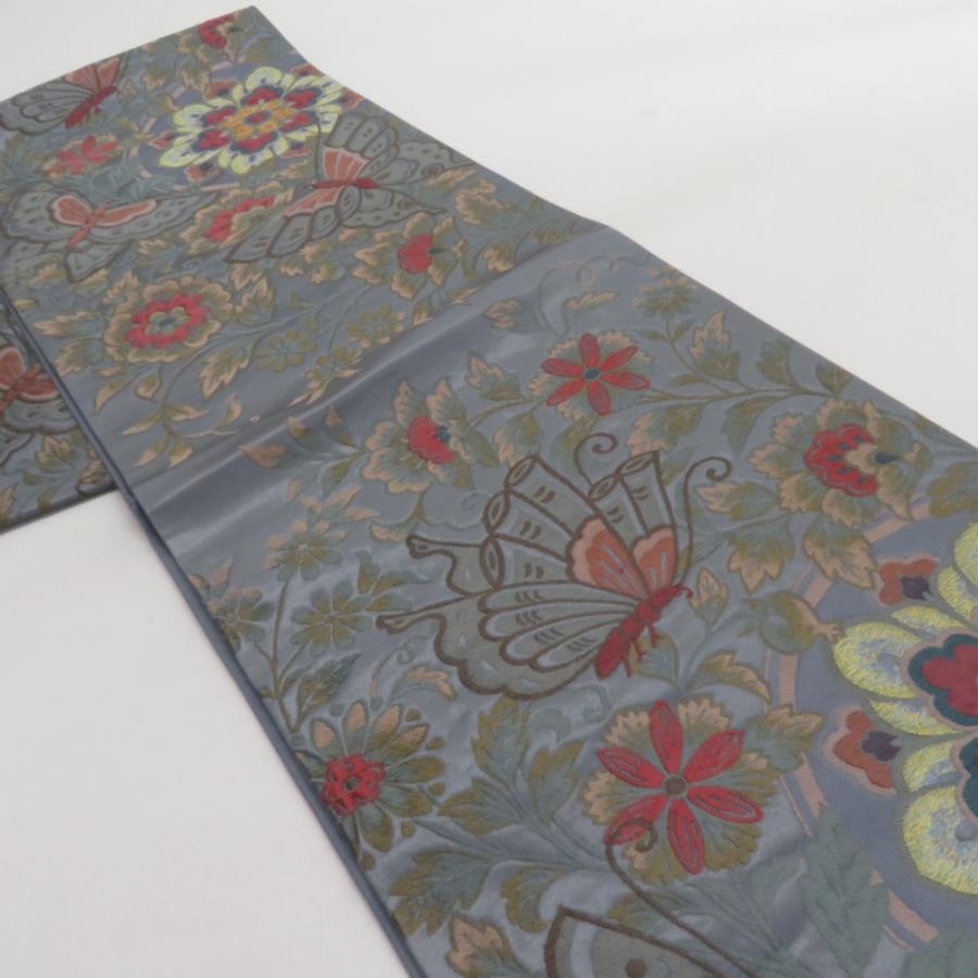 袋帯 花蝶文様 青灰色 六通柄 正絹 礼装 フォーマル 着物帯 長さ432cm |  | 01