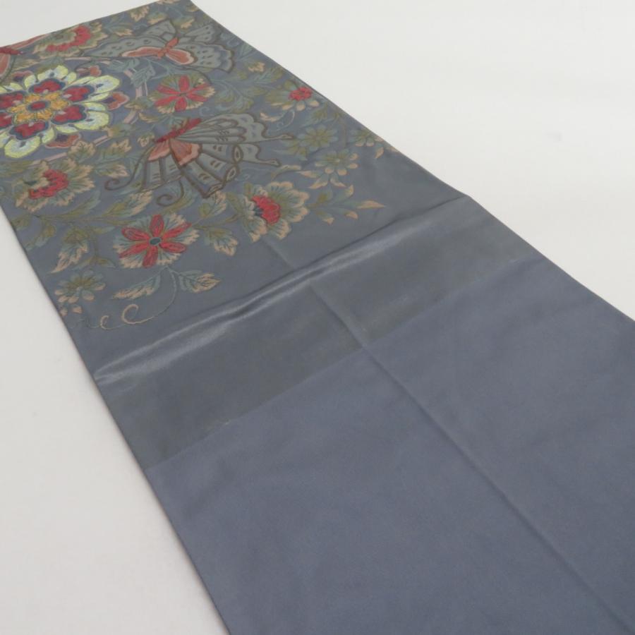 袋帯 花蝶文様 青灰色 六通柄 正絹 礼装 フォーマル 着物帯 長さ432cm |  | 02