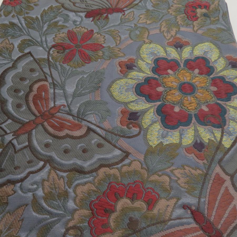 袋帯 花蝶文様 青灰色 六通柄 正絹 礼装 フォーマル 着物帯 長さ432cm |  | 04