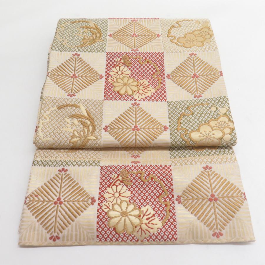 袋帯 唐織刺繍 市松華文様 ベージュ色 金糸 六通柄 正絹 礼装 フォーマル 着物帯 長さ440cm | 