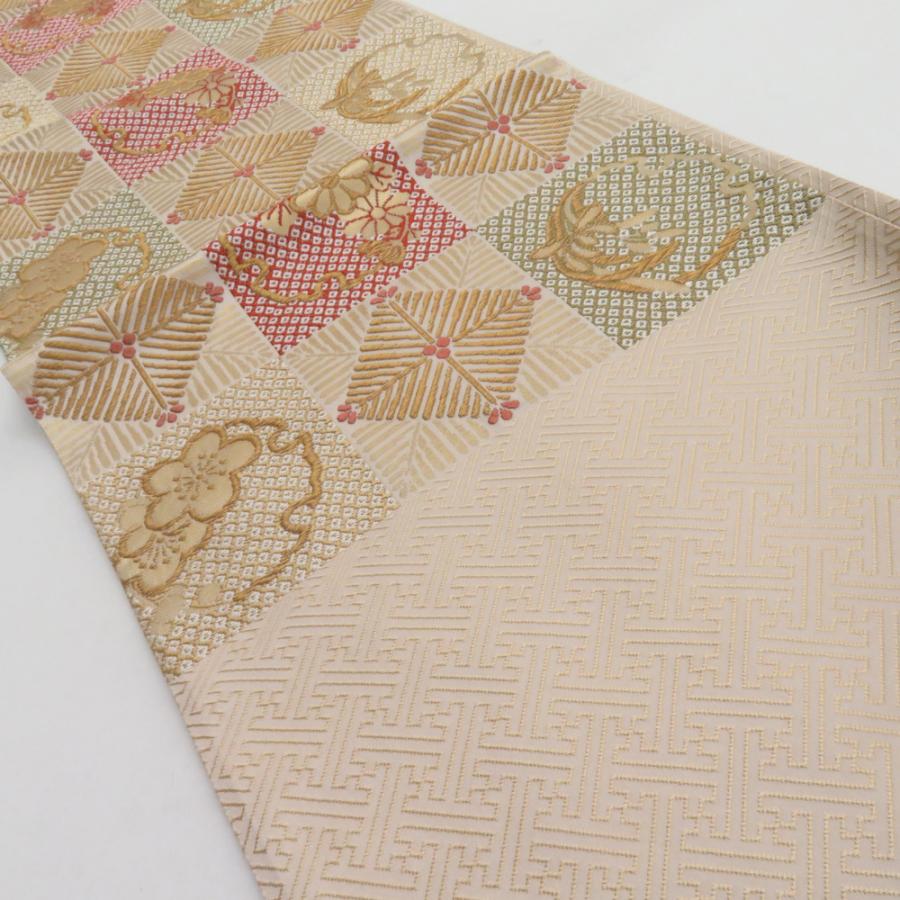 袋帯 唐織刺繍 市松華文様 ベージュ色 金糸 六通柄 正絹 礼装 フォーマル 着物帯 長さ440cm |  | 02
