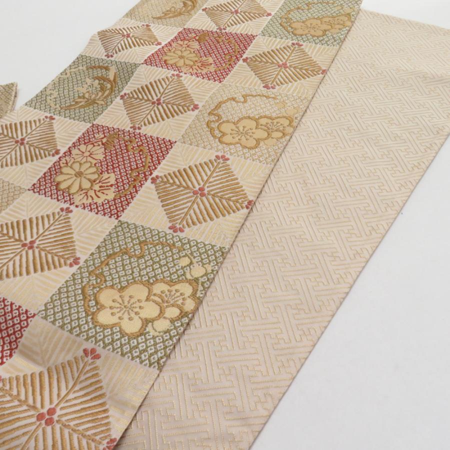 袋帯 唐織刺繍 市松華文様 ベージュ色 金糸 六通柄 正絹 礼装 フォーマル 着物帯 長さ440cm |  | 03