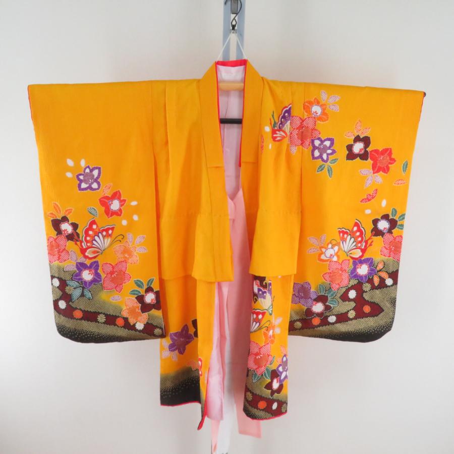 子供着物 女の子用 四つ身 襦袢セット 箔 花蝶文様 黄色 アセテート 洗える 袷 フォーマル 子供きもの 女児 七五三 祝着 身丈95cm | 