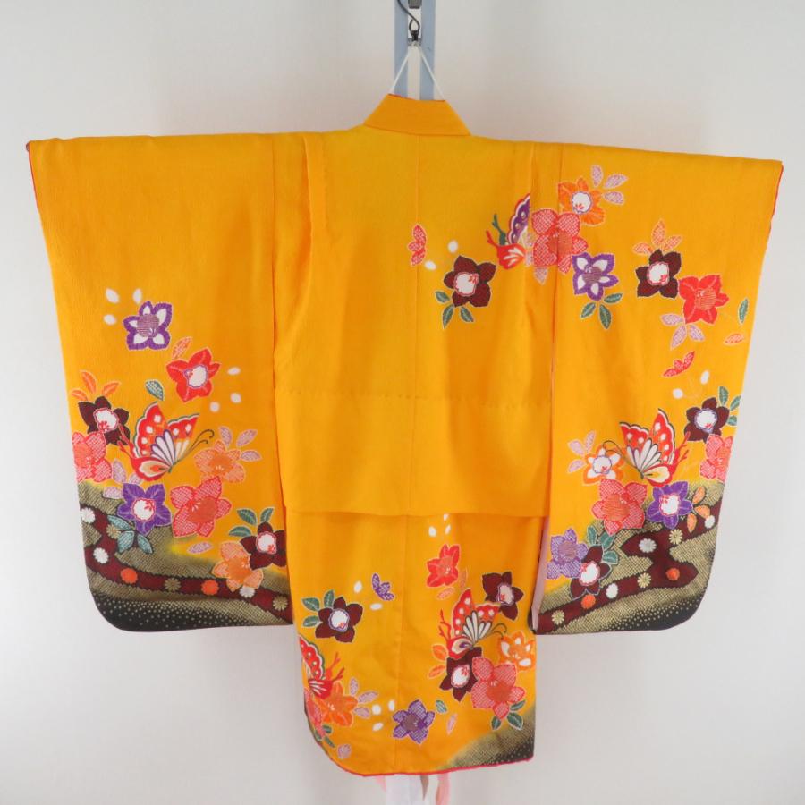 子供着物 女の子用 四つ身 襦袢セット 箔 花蝶文様 黄色 アセテート 洗える 袷 フォーマル 子供きもの 女児 七五三 祝着 身丈95cm |  | 01