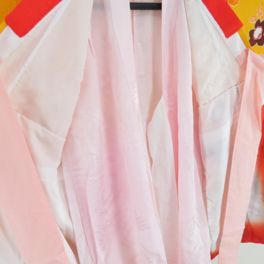 子供着物 女の子用 四つ身 襦袢セット 箔 花蝶文様 黄色 アセテート 洗える 袷 フォーマル 子供きもの 女児 七五三 祝着 身丈95cm |  | 06