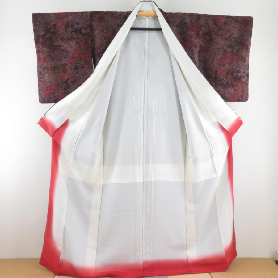小紋 縮緬 箔 花鳥文様 袷 広衿 赤茶色 正絹 仕立て上がり カジュアル着物 身丈160cm |  | 07