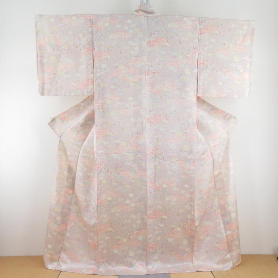 小紋 菊に桐文様 単衣 広衿 ベージュ色 正絹 仕立て上がり カジュアル着物 身丈163cm | 