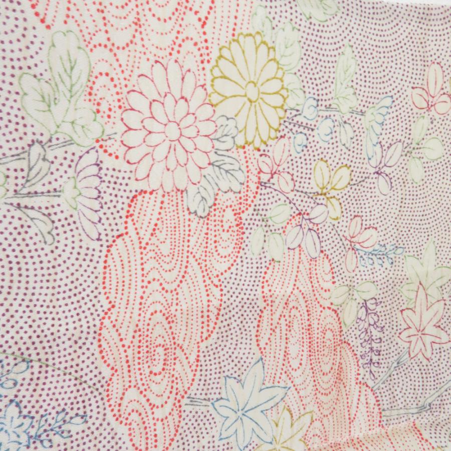 小紋 菊に桐文様 単衣 広衿 ベージュ色 正絹 仕立て上がり カジュアル着物 身丈163cm |  | 02