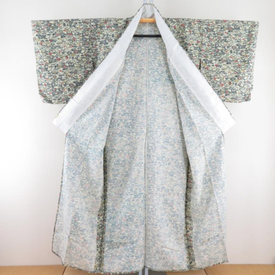 小紋 紬地 型染め 花に家屋文様 単衣 広衿 薄黄色 正絹 仕立て上がり カジュアル着物 身丈152cm |  | 06