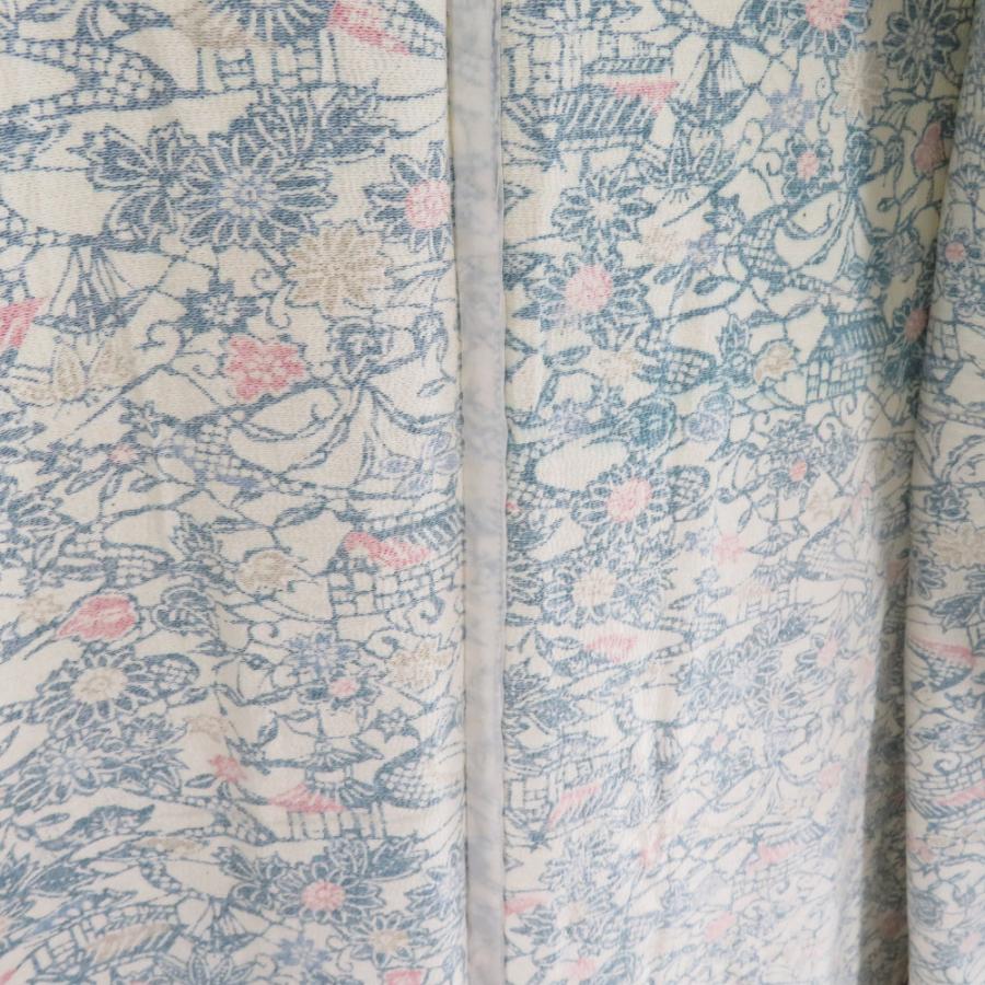 小紋 紬地 型染め 花に家屋文様 単衣 広衿 薄黄色 正絹 仕立て上がり カジュアル着物 身丈152cm |  | 07