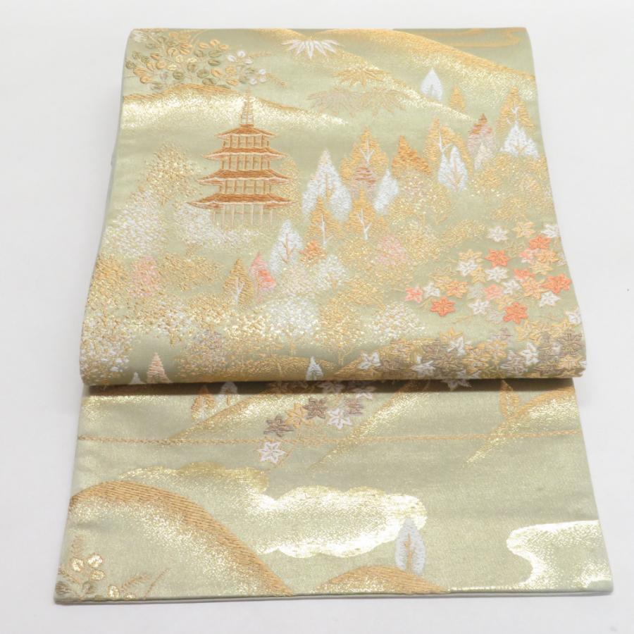 袋帯 五重塔文様 灰緑色 金糸 六通柄 正絹 礼装 フォーマル 着物帯 長さ420cm | 