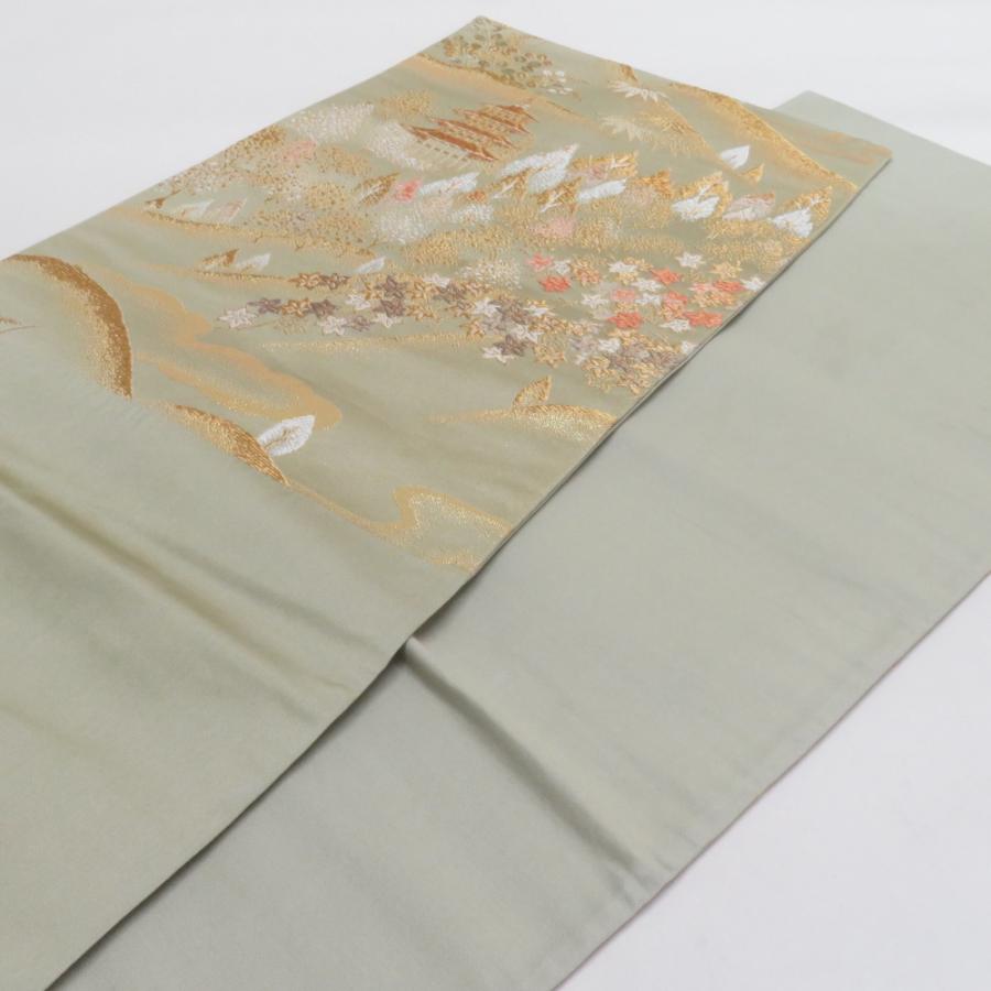 袋帯 五重塔文様 灰緑色 金糸 六通柄 正絹 礼装 フォーマル 着物帯 長さ420cm |  | 03