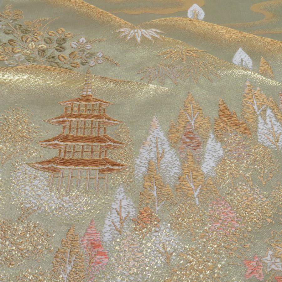 袋帯 五重塔文様 灰緑色 金糸 六通柄 正絹 礼装 フォーマル 着物帯 長さ420cm |  | 04