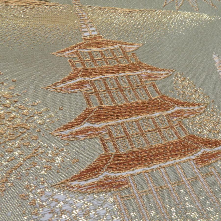 袋帯 五重塔文様 灰緑色 金糸 六通柄 正絹 礼装 フォーマル 着物帯 長さ420cm |  | 05