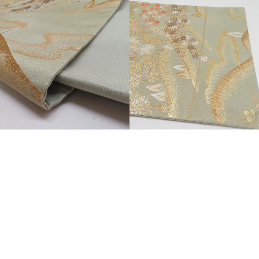 袋帯 五重塔文様 灰緑色 金糸 六通柄 正絹 礼装 フォーマル 着物帯 長さ420cm |  | 09