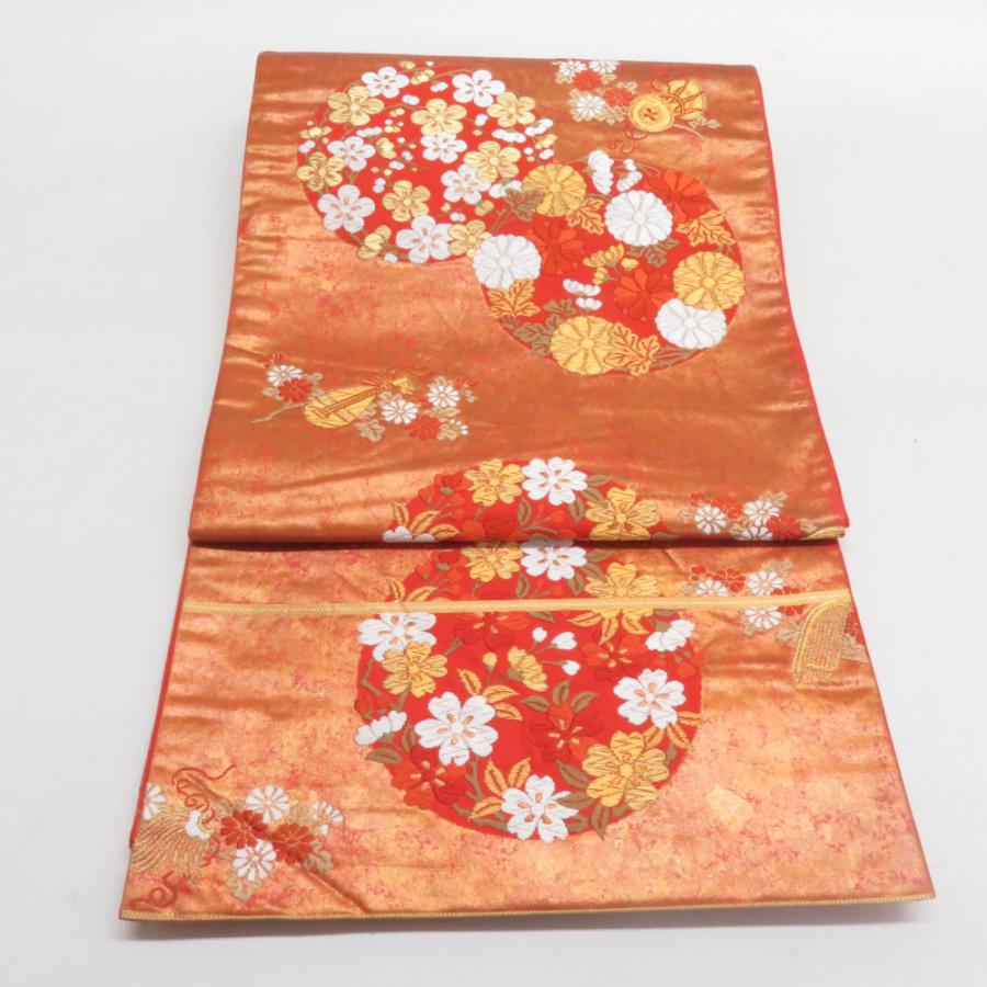 河合美術織物 袋帯 花丸文様 桜 菊 梅 赤橙色 金糸 六通柄 正絹 礼装 フォーマル 着物帯 長さ440cm | 