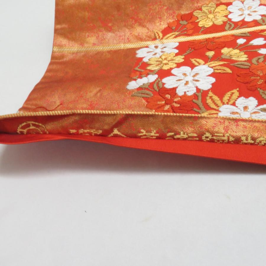 河合美術織物 袋帯 花丸文様 桜 菊 梅 赤橙色 金糸 六通柄 正絹 礼装 フォーマル 着物帯 長さ440cm |  | 01