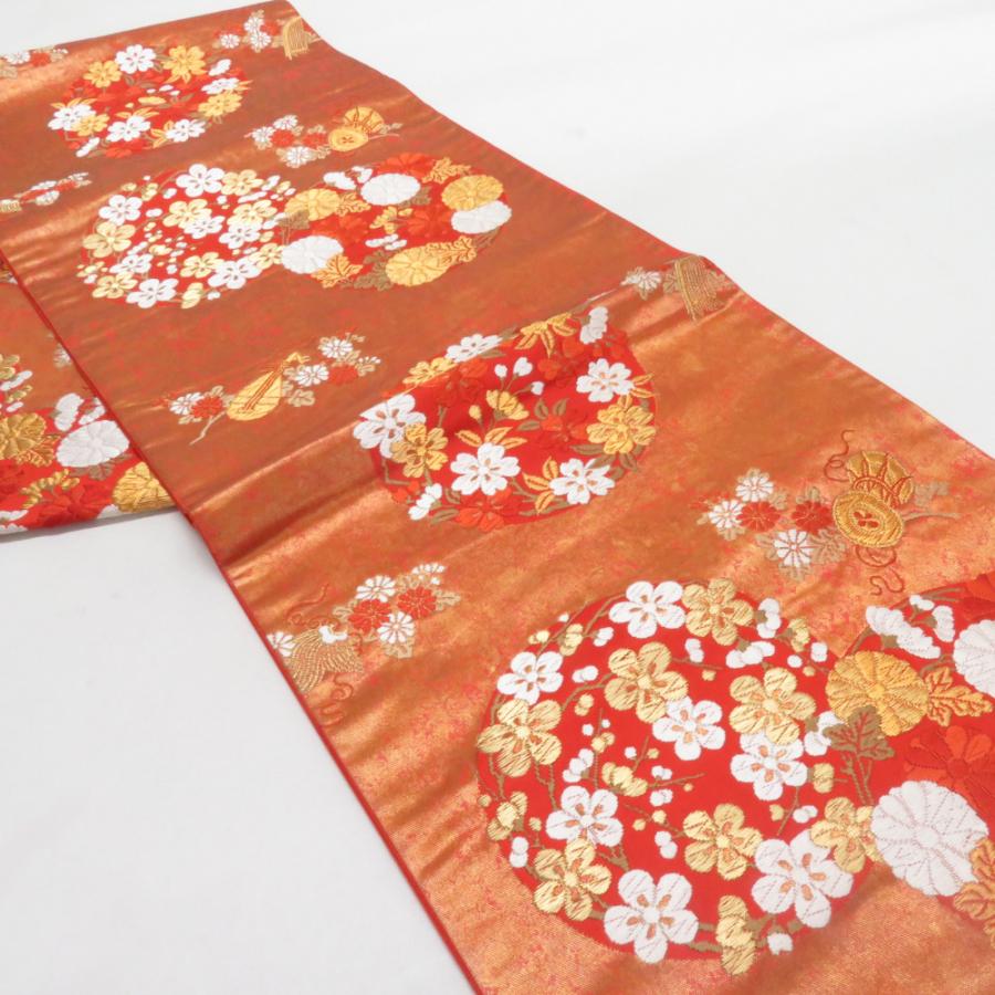 河合美術織物 袋帯 花丸文様 桜 菊 梅 赤橙色 金糸 六通柄 正絹 礼装 フォーマル 着物帯 長さ440cm |  | 02
