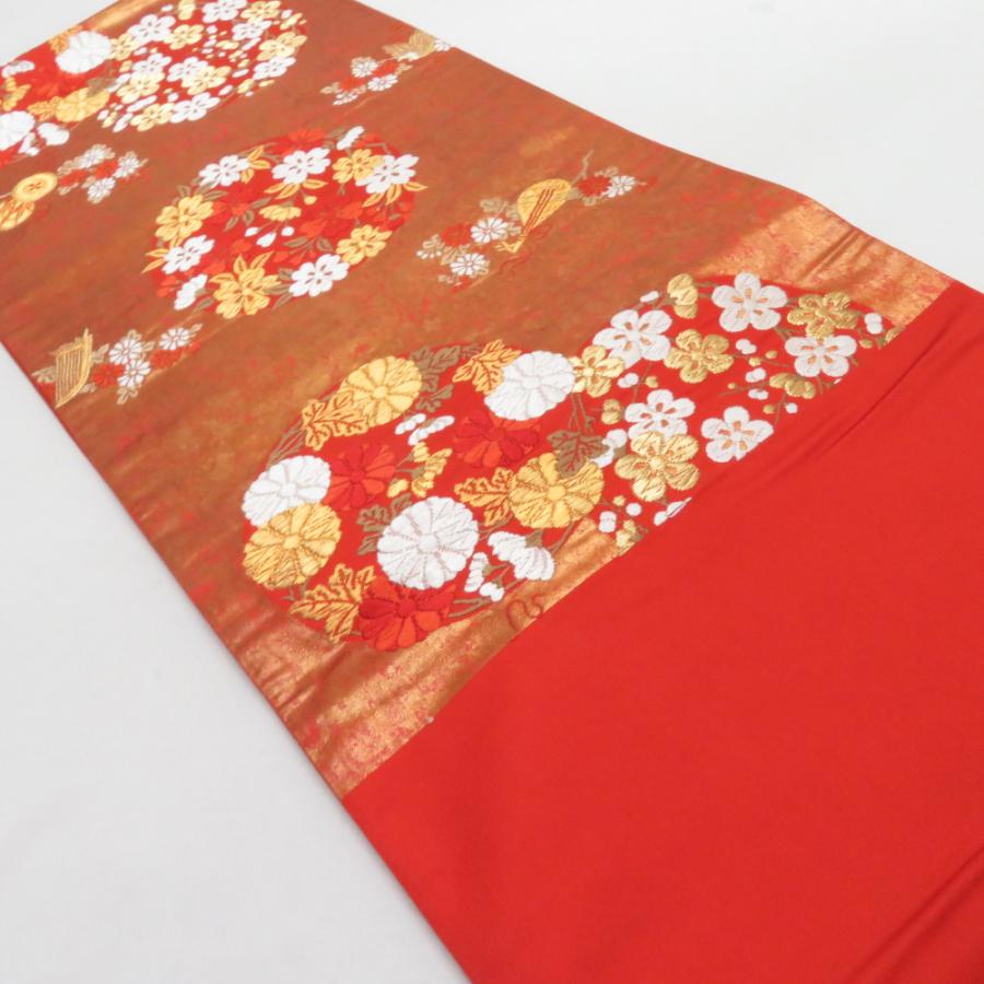 河合美術織物 袋帯 花丸文様 桜 菊 梅 赤橙色 金糸 六通柄 正絹 礼装 フォーマル 着物帯 長さ440cm |  | 03