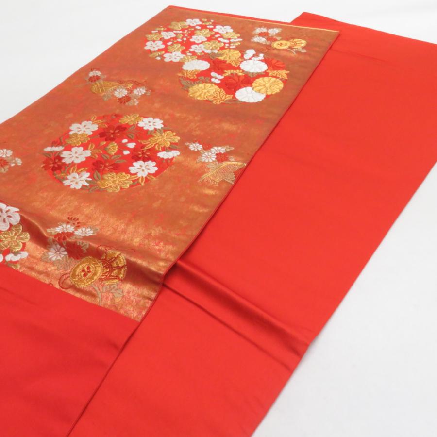 河合美術織物 袋帯 花丸文様 桜 菊 梅 赤橙色 金糸 六通柄 正絹 礼装 フォーマル 着物帯 長さ440cm |  | 04