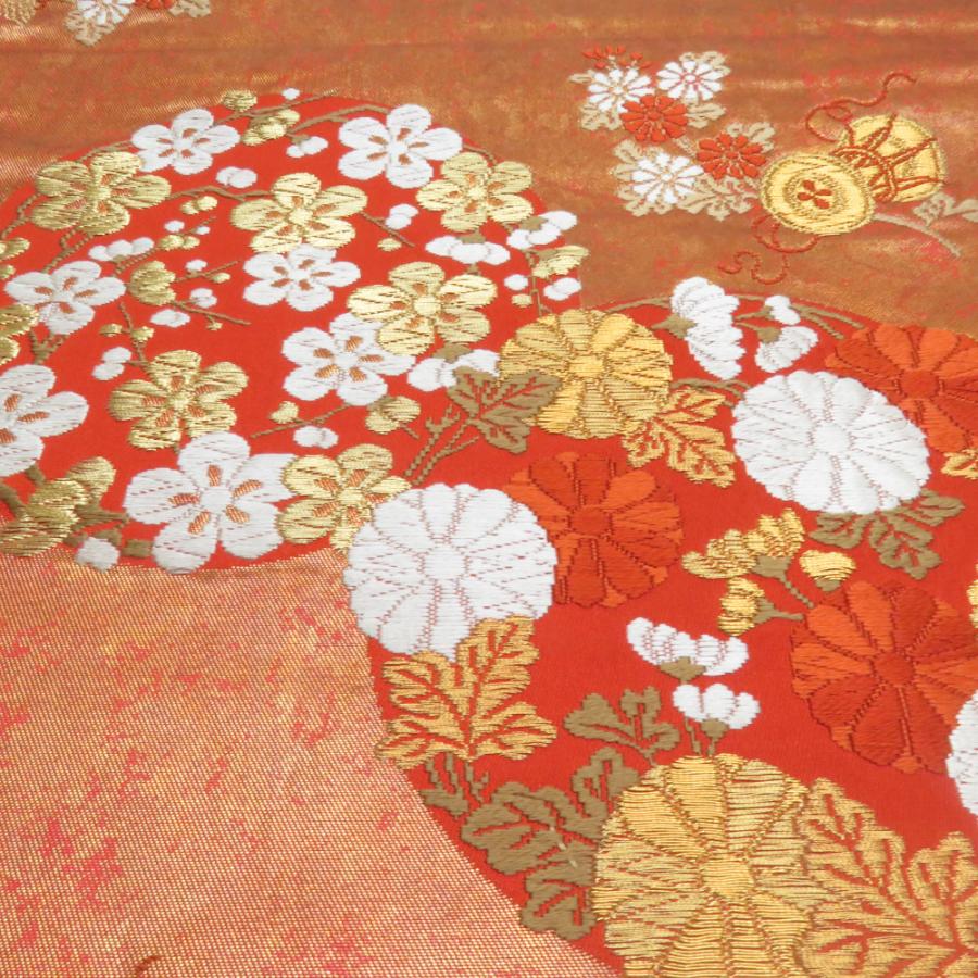 河合美術織物 袋帯 花丸文様 桜 菊 梅 赤橙色 金糸 六通柄 正絹 礼装 フォーマル 着物帯 長さ440cm |  | 05