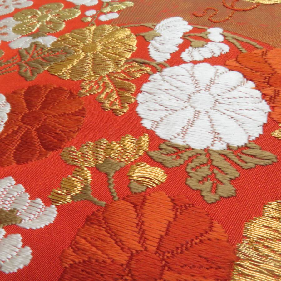 河合美術織物 袋帯 花丸文様 桜 菊 梅 赤橙色 金糸 六通柄 正絹 礼装 フォーマル 着物帯 長さ440cm |  | 07