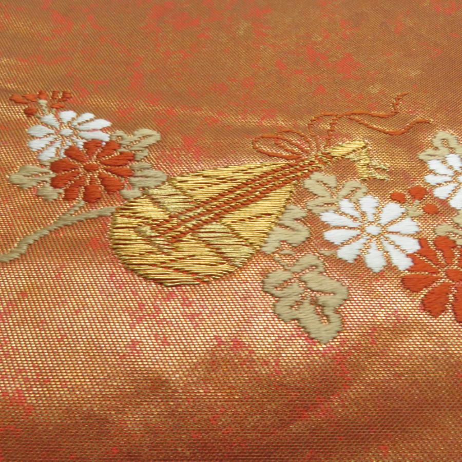 河合美術織物 袋帯 花丸文様 桜 菊 梅 赤橙色 金糸 六通柄 正絹 礼装 フォーマル 着物帯 長さ440cm |  | 08