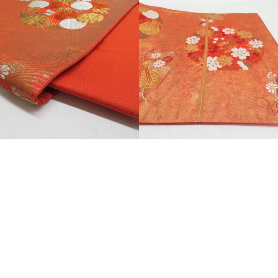 河合美術織物 袋帯 花丸文様 桜 菊 梅 赤橙色 金糸 六通柄 正絹 礼装 フォーマル 着物帯 長さ440cm |  | 09