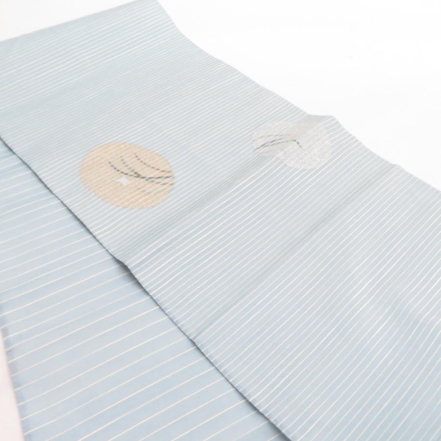 袋帯 絲藝苑 上島洋山 すくい織 能州紬 夏用 満月とススキ文様 水色 金糸 銀糸 お太鼓柄 正絹 着物用 長さ464cm |  | 03