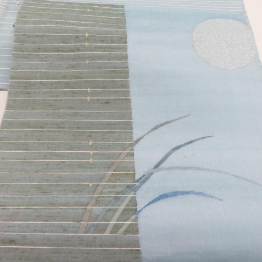 袋帯 絲藝苑 上島洋山 すくい織 能州紬 夏用 満月とススキ文様 水色 金糸 銀糸 お太鼓柄 正絹 着物用 長さ464cm |  | 05