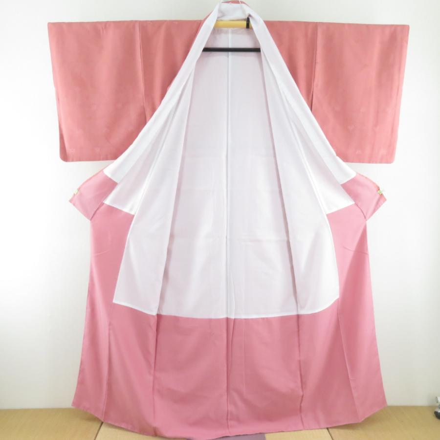 色無地 袷 広衿 赤桃色 桐に橘地紋 洗える ポリエステル 紋なし カジュアル 仕立て上がり着物 身丈159cm |  | 04