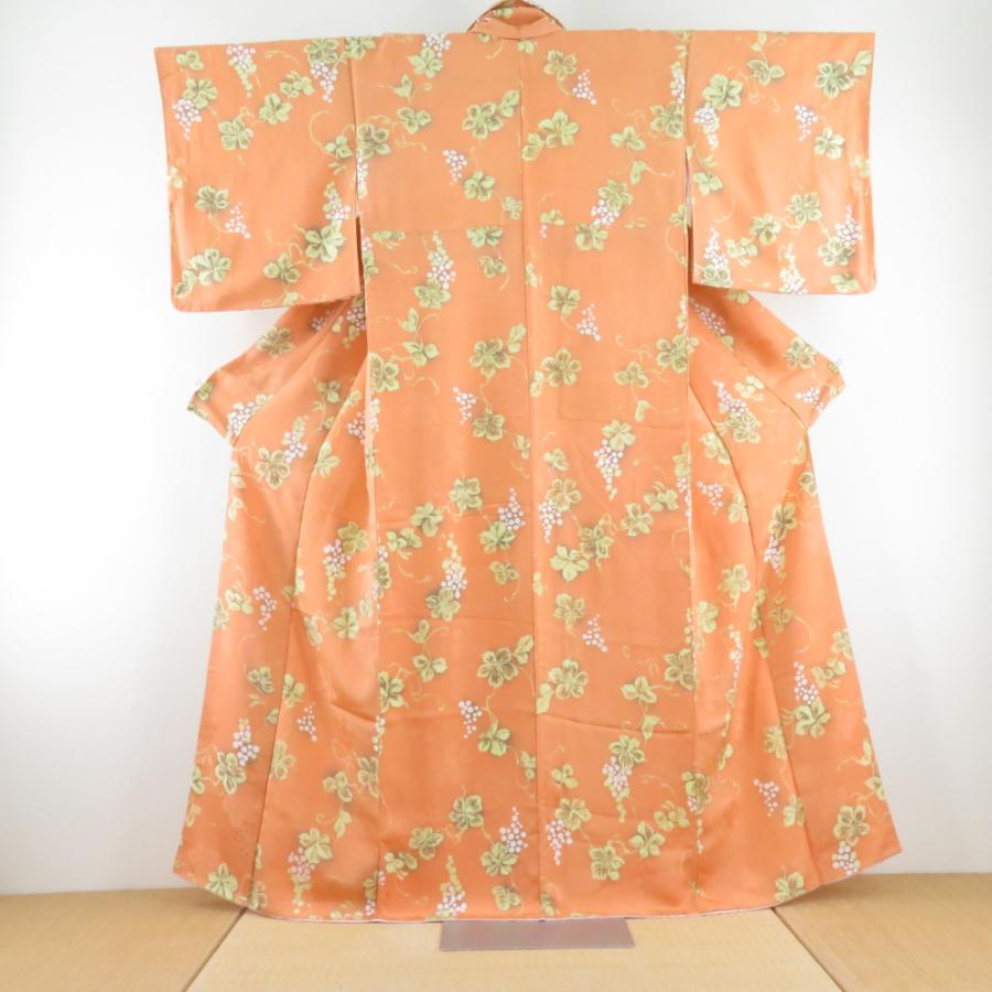 小紋 葡萄唐草文様 袷 広衿 橙色 正絹 仕立て上がり カジュアル着物 身丈159cm | 
