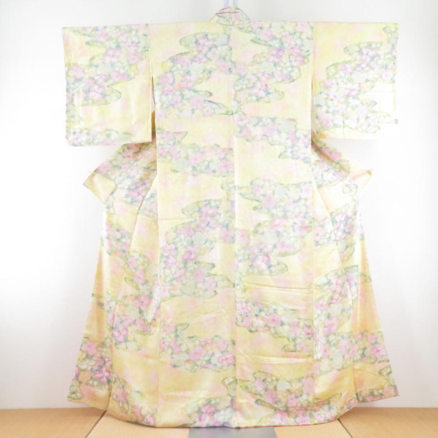 小紋 紫陽花文様 暈し 袷 広衿 黄色 正絹 仕立て上がり カジュアル着物 身丈158cm | 