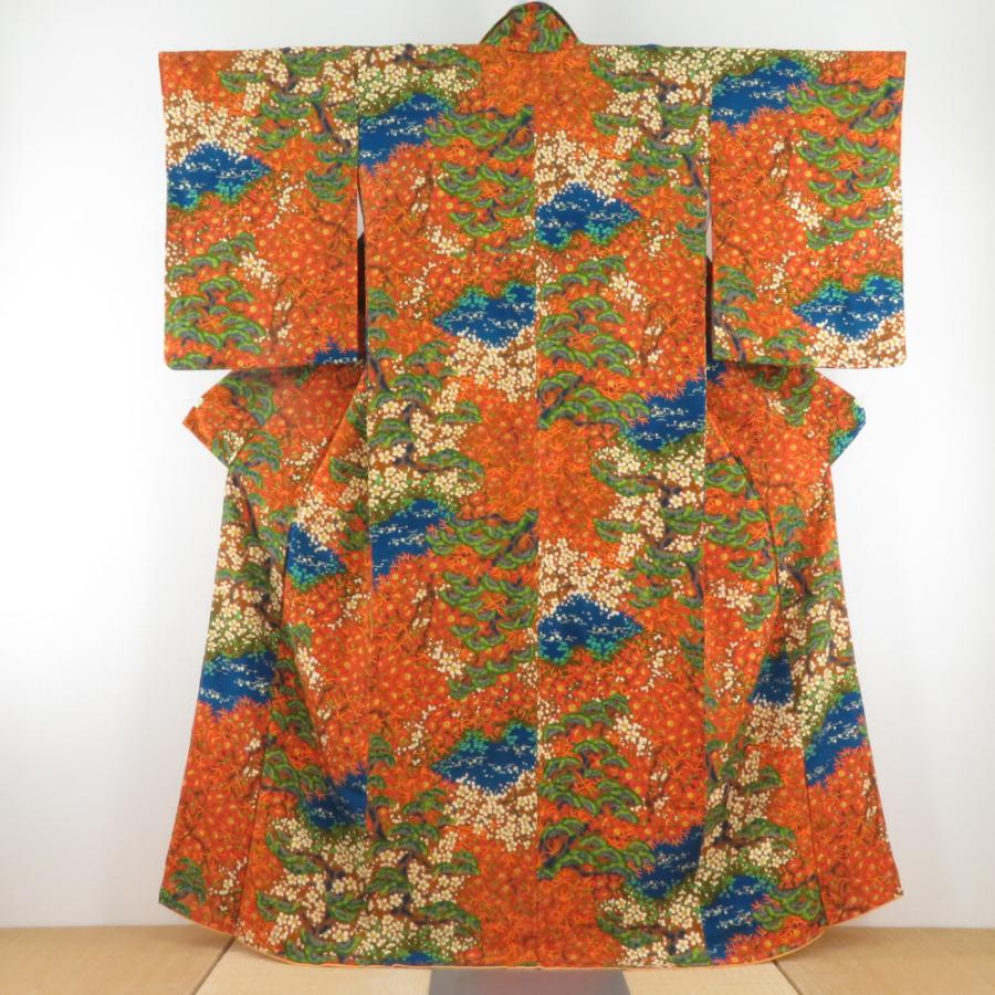 小紋 松に梅文様 袷 広衿 茶色 正絹 仕立て上がり カジュアル着物 身丈159cm | 