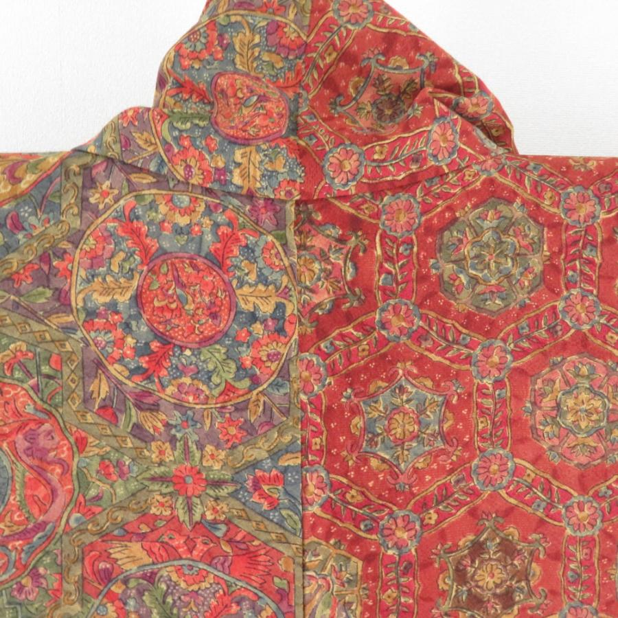 小紋 インド更紗文様 袷 広衿 茶紫色 正絹 仕立て上がり カジュアル着物 身丈157cm |  | 06