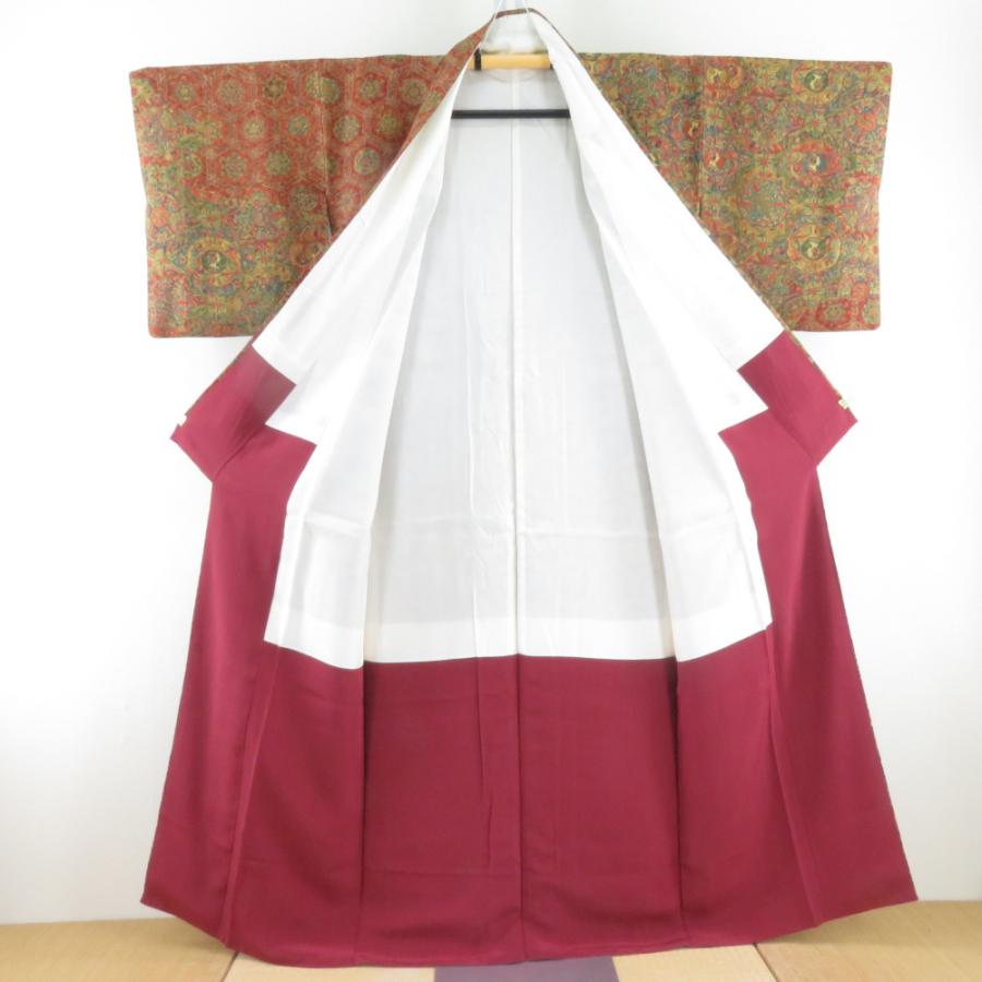 小紋 インド更紗文様 袷 広衿 茶紫色 正絹 仕立て上がり カジュアル着物 身丈157cm |  | 07