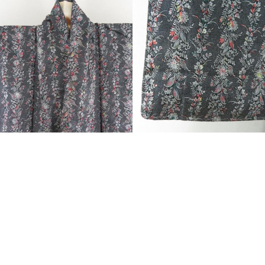 アンティーク 御召 草花柄 黒色 銀糸 袷 広衿 正絹 昭和レトロ 紋なし 昔着物 身丈167cm |  | 09