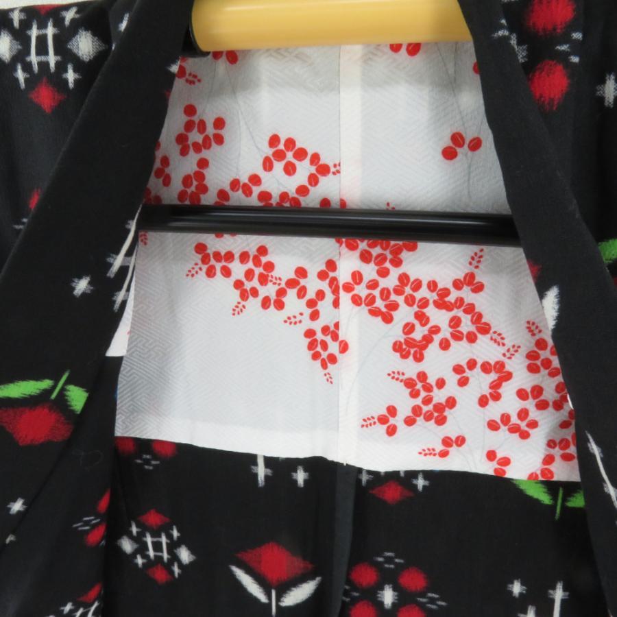 ウール着物 単衣 井桁に花文様 絣柄 織り柄 黒色 バチ衿 カジュアルきもの 普段着物 仕立て上がり 身丈166cm |  | 08