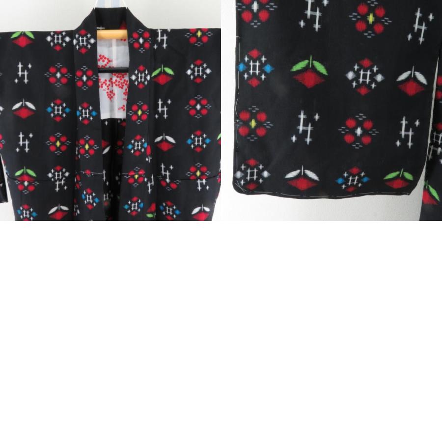 ウール着物 単衣 井桁に花文様 絣柄 織り柄 黒色 バチ衿 カジュアルきもの 普段着物 仕立て上がり 身丈166cm |  | 09