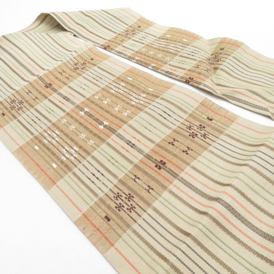 名古屋帯 正絹 浮き織り 紬地 縞柄 八寸帯 薄茶色 カジュアル 仕立て上がり 着物帯 長さ370cm |  | 01