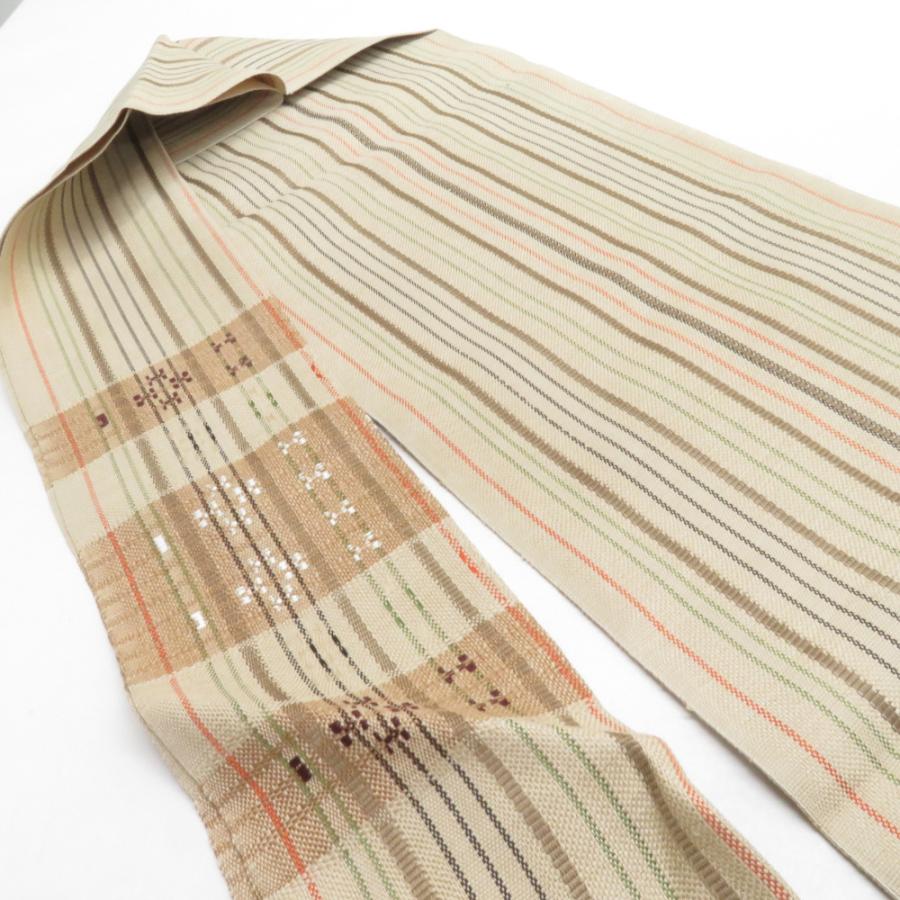 名古屋帯 正絹 浮き織り 紬地 縞柄 八寸帯 薄茶色 カジュアル 仕立て上がり 着物帯 長さ370cm |  | 02