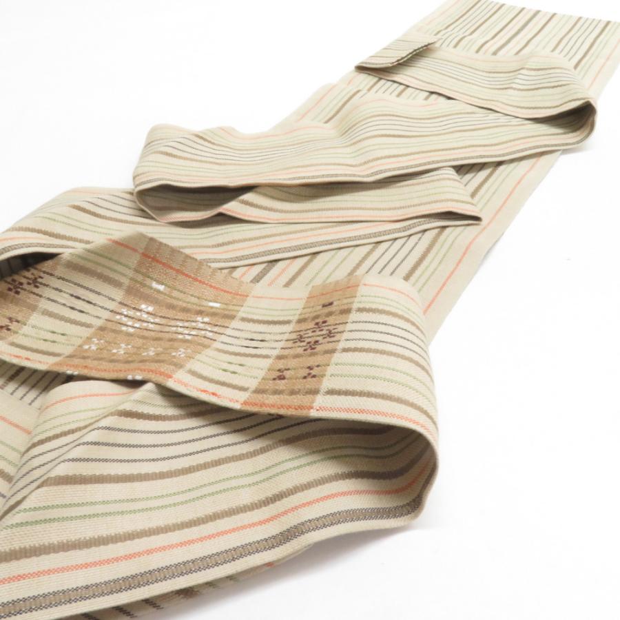 名古屋帯 正絹 浮き織り 紬地 縞柄 八寸帯 薄茶色 カジュアル 仕立て上がり 着物帯 長さ370cm |  | 03