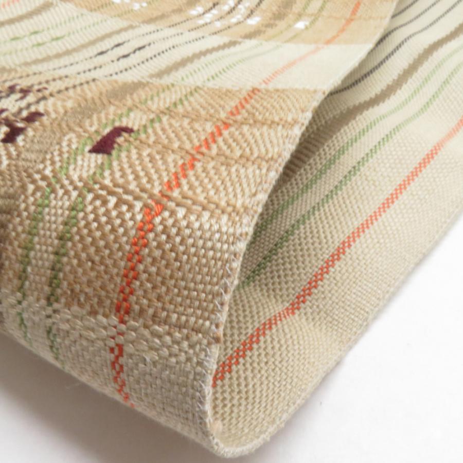 名古屋帯 正絹 浮き織り 紬地 縞柄 八寸帯 薄茶色 カジュアル 仕立て上がり 着物帯 長さ370cm |  | 08