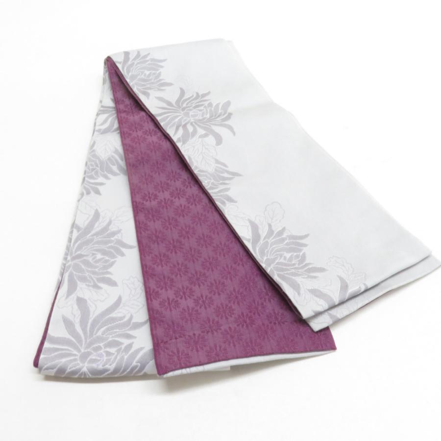 半幅帯 ポリエステル 乱菊柄 灰色 紫色 洗える 半巾帯 着物帯 長さ390cm | 