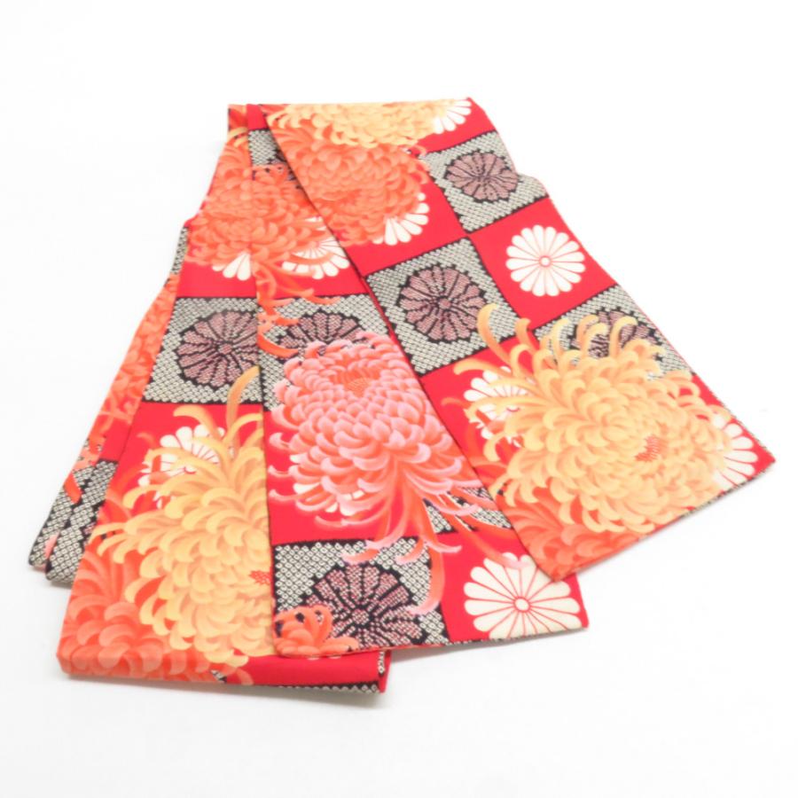 半幅帯 ウールモス 市松に菊柄 朱色 レトロ 半巾帯 着物帯 長さ352cm | 